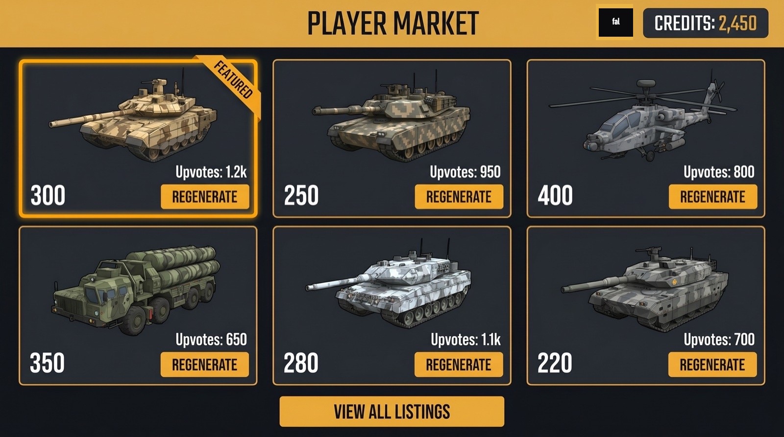 DoctrineStrike Player Market concept: a grid of player-created units with credit prices, upvotes and a Regenerate button on each card
