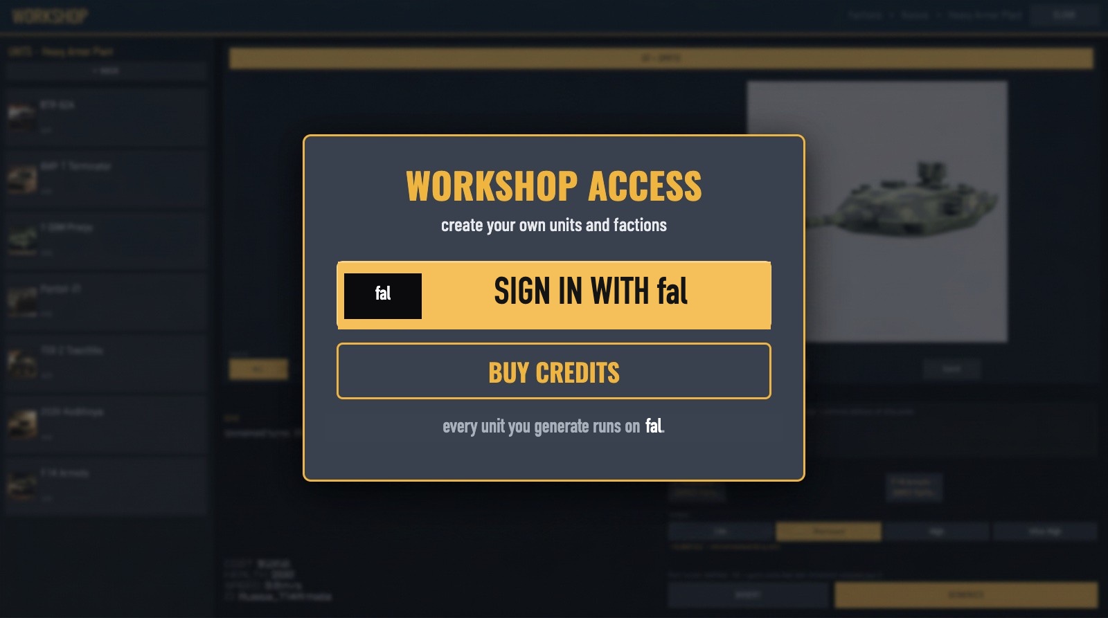 DoctrineStrike workshop access screen concept with a large partner sign-in button and a Buy Credits button